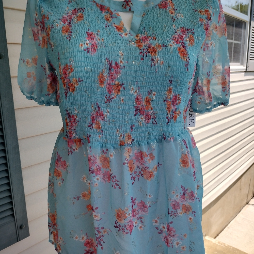 CURE XL Blue Floral Smocked Semi-Sheer Round V-notched Neck Lightweight Blouse